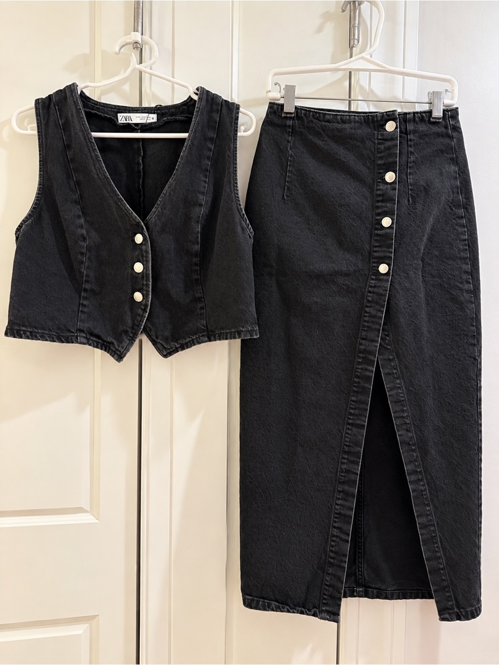 Zara Black Denim Vest & Button Front Midi Skirt Set